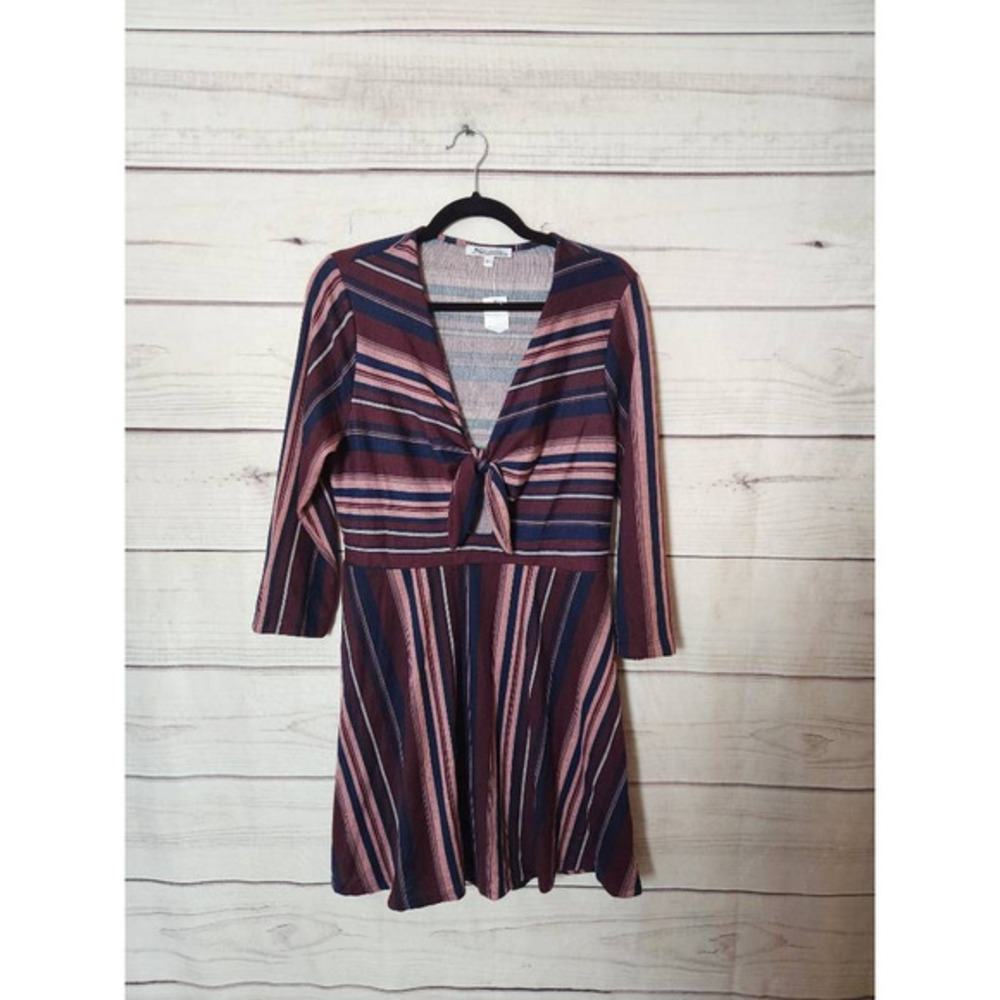 Stiletto Womens Skater Dress Multicolor Short Striped V Neck Long Sleeve Tied XL